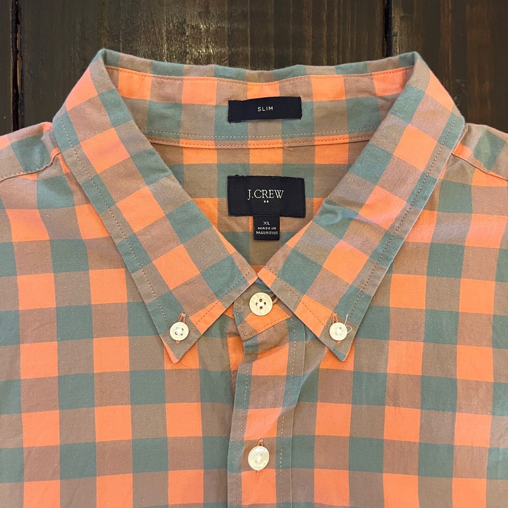 J. Crew Men's Casual Plaid Shirt - Orange and Green
